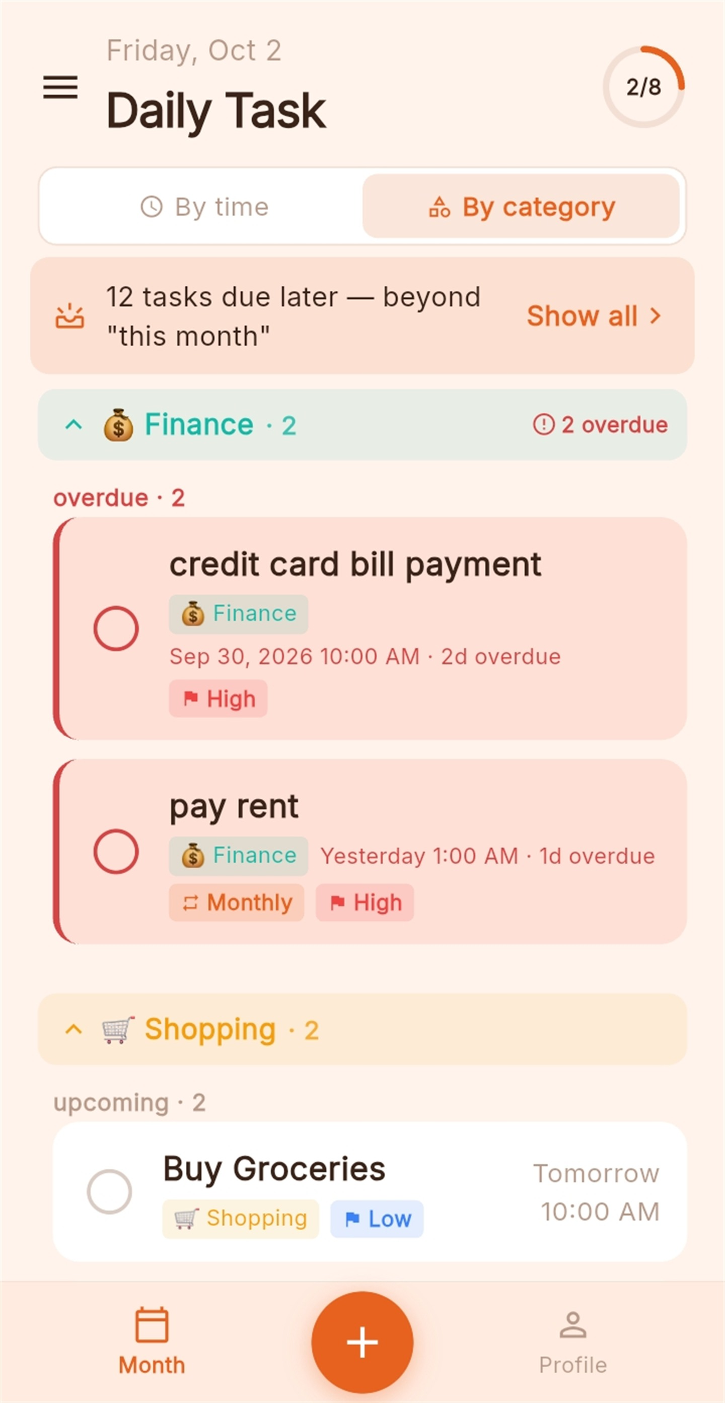Tasks grouped by category