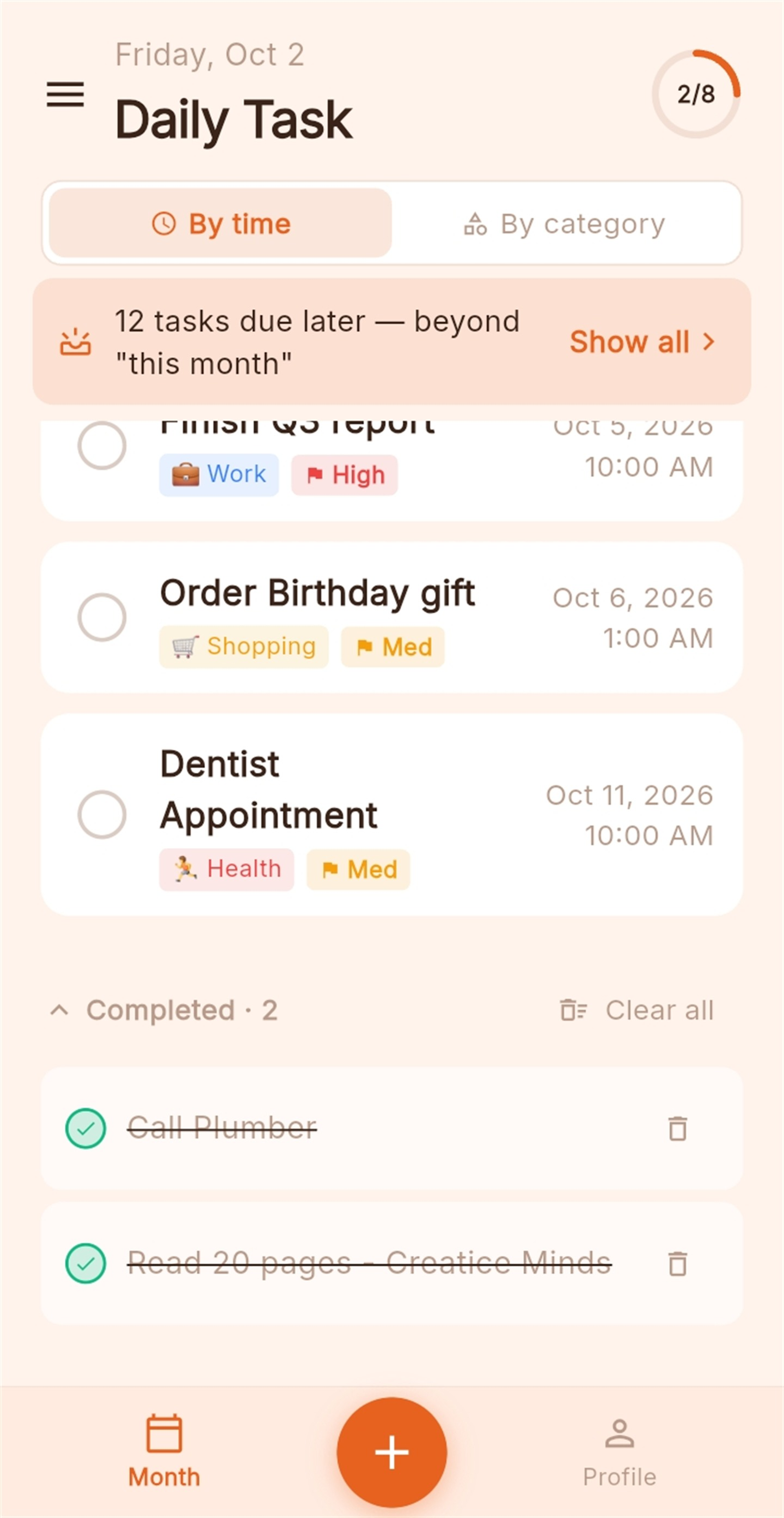 Completed tasks with priority flags and progress
